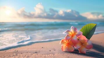 magnifique tropical été photo avec rose hibiscus fleurs plus de paradis plage Contexte