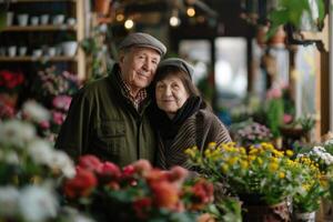 personnes âgées couple dans posséder fleur magasin. concept de petit entreprise. photo