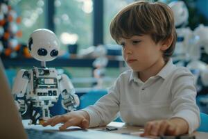 élémentaire école élèves programme la robotique Logiciel dans science classe. photo