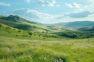 magnifique roumain campagne dans printemps avec roulant collines et des champs. photo