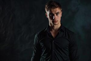 Beau homme dans noir chemise posant dans studio. photo