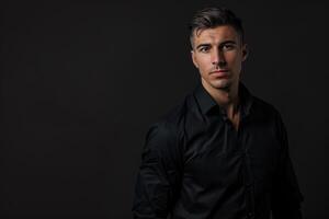 Beau homme dans noir chemise posant dans studio. photo