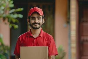 Indien livraison homme dans rouge chemise quarantaine héros. photo