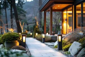 une tranquille soir réglage capturer une bien entretenu jardin chemin de premier plan à une confortable maison photo