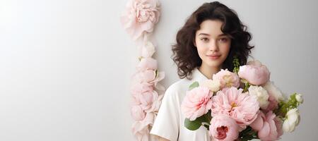 gracieux Jeune femme avec écoulement brunette cheveux, en portant une bouquet de délicat rose pivoines, sur une doux neutre Contexte photo