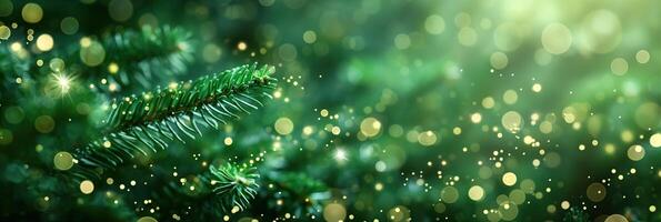 luxuriant pin branches avec scintillement d'or lumières et doux briller. Noël bannière Contexte photo