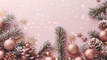 une rose espace Noël Contexte avec une arbre et flocons de neige photo