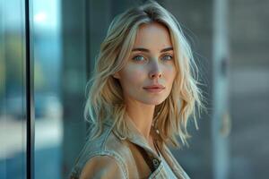 Naturel lumière portrait de une Jeune femme, exsudant calme élégance et doux beauté photo