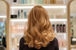 une femme avec longue marron cheveux est permanent dans de face de une étagère de cheveux des produits photo