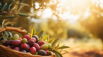 Olives dans panier sur le olive arbre photo