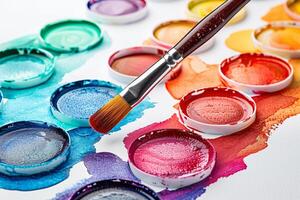 vibrant aquarelle des peintures et brosse sur papier photo