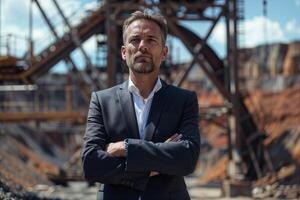 professionnel homme dans une costume des stands avec franchi bras à une graveleux industriel emplacement photo