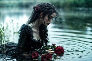 mystérieux femme dans Lac avec des roses photo