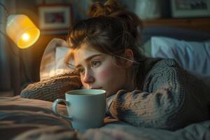 femme enveloppé dans chandail profiter une tasse de chaud boisson dans lit, avec doux éclairage photo