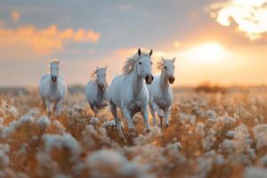 majestueux blanc les chevaux fonctionnement à le coucher du soleil photo