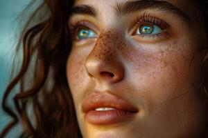 fermer de une Jeune femme avec taches de rousseur, mettant en valeur sa captivant yeux et serein expression photo