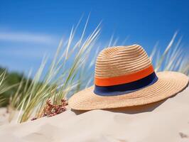 paille chapeau avec une bleu et Orange ruban sur sablonneux plage avec dune herbe. été vacances concept photo