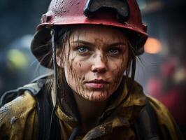 femelle sapeur pompier à travail fermer. femme carrière concept photo