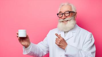 souriant vieux homme scientifique portrait en présentant Nouveau soin de la peau cosmétique produit. cosmétique publicité photo