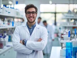 portrait de Jeune Masculin scientifique souriant en toute confiance dans laboratoire photo