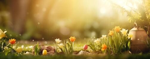 bannière représentant tranquille printemps scène avec arrosage pouvez parmi tulipes photo