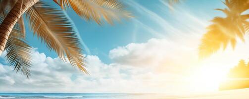 le coucher du soleil bannière avec tropical paumes et plage dans serein atmosphère photo