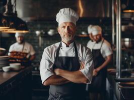 expérimenté homme chef avec plié bras dans commercial cuisine réglage photo