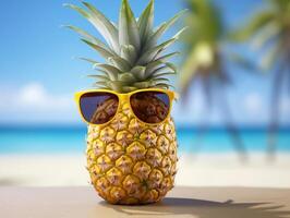 excentrique ananas avec des lunettes de soleil sur une tropical plage pendant été. été vacances concept photo