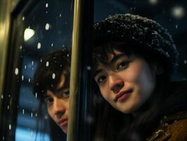 portrait de Jeune asiatique homme et femme à la recherche à le neige par train fenêtre photo