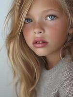 blond fille avec bleu yeux portant chandail dans doux lumière portrait photo