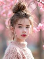 fille avec chignon coiffure au milieu de rose Cerise fleurs portrait photo
