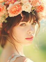 Jeune femme orné avec vibrant floral casque dans éthéré portrait photo