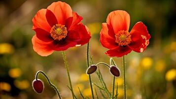 brillant rouge coquelicots dansant dans une ensoleillé fleurs sauvages Prairie photo