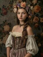 victorien élégance capturé dans une portrait de une fille avec une floral casque photo