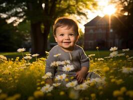 content bébé séance dans une champ de marguerites à le coucher du soleil photo