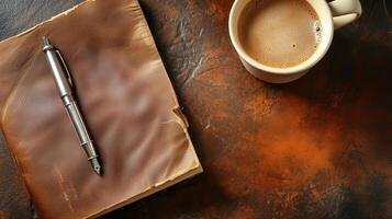 Bureau maquette avec une cuir carnet et café sur une texturé Contexte photo