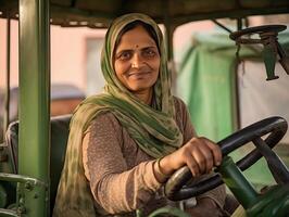 femelle tracteur chauffeur à travail fermer. femme carrière concept photo