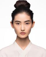 serein portrait de une Jeune asiatique femme, Facile arrière-plan, studio éclairage photo