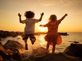 deux les enfants sauter joyeusement sur rochers par le mer à le coucher du soleil dans été photo