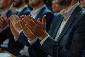 les hommes d'affaires dans Bureau applaudir pour présentation montrant appréciation. photo