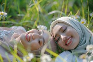 deux magnifique content musulman femme souriant mensonge sur herbe photo