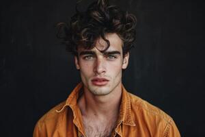 élégant portrait de Beau Jeune homme avec frisé cheveux. photo