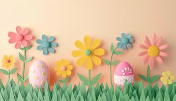 papier Couper illustration de coloré papier art Pâques lapin, herbe, fleurs et Oeuf forme photo