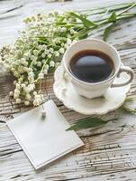 tasse de café avec fleur dire Bonjour photo