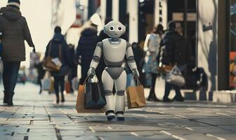robot femme des promenades avec achats Sacs. robot avec achats Sacs des promenades sur une rue parmi personnes. une robot des promenades achats Sacs dans une département magasin. photo