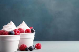 une bol de la glace crème avec Frais framboises et myrtilles sur Haut. photo