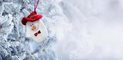 Chaussette de bonhomme de neige de Noël accrochée à une branche d'arbre de neige photo