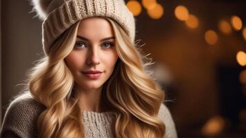 une femme avec longue blond cheveux et une blanc chapeau est souriant photo