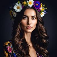 une femme avec longue marron cheveux portant une fleuri Bandeau photo