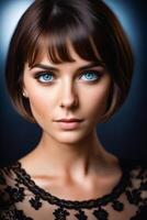 une femme avec bleu yeux et une court la Coupe de cheveux photo